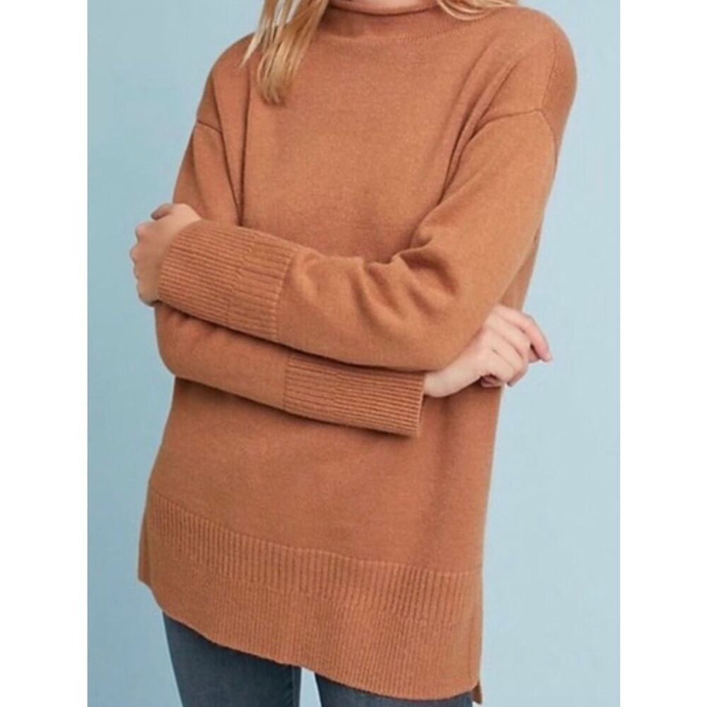 Moth (Anthropologie) Saskia Mock Neck Long Tunic Sweater Size S Camel Brown